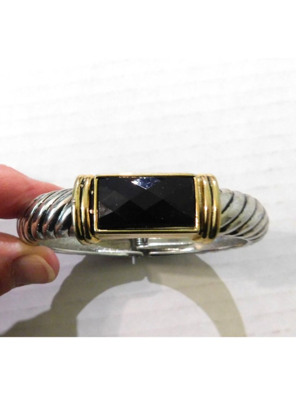 Two-Tone Hinged Bangle Bracelet Silver Gold Accents Black Faceted Stone - Picture 3 of 8